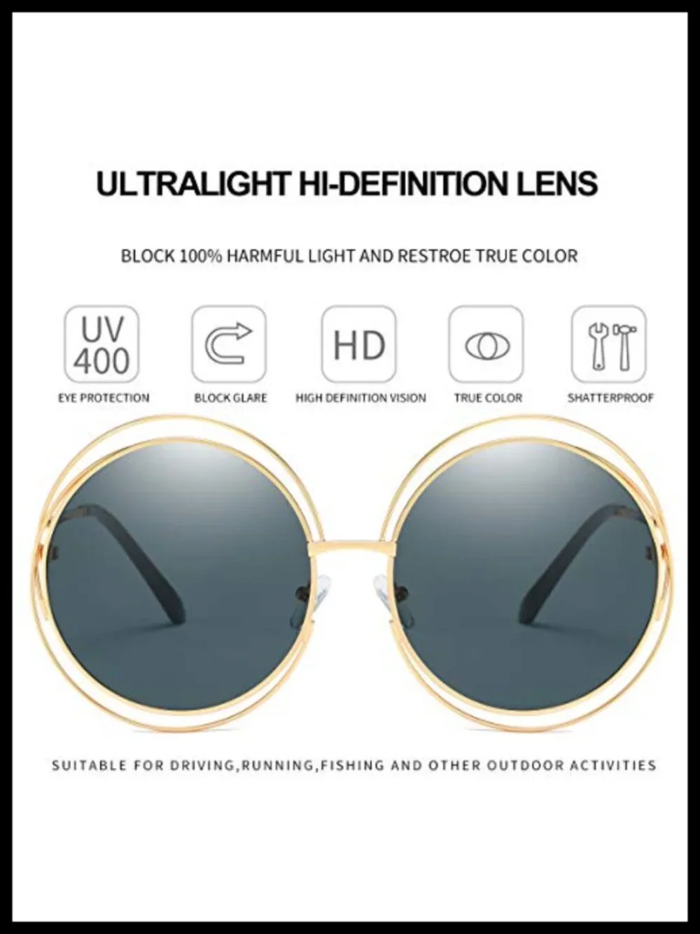 Oversized Round Metal Frame Sunglasses UV400 Protection Women